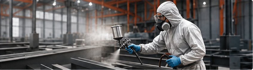 Industrial painter spraying metal parts